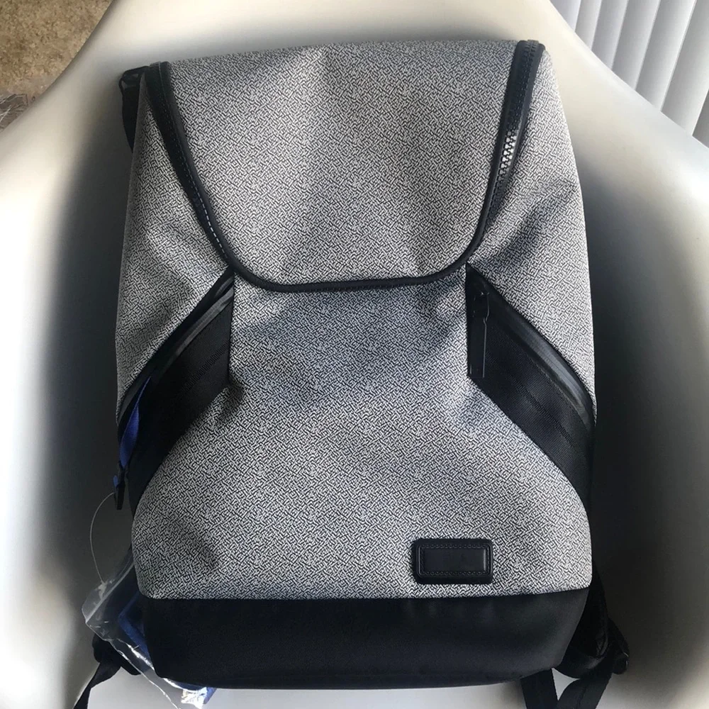 Tumi Gray & Black Textured Backpack with Blue Accent Strap